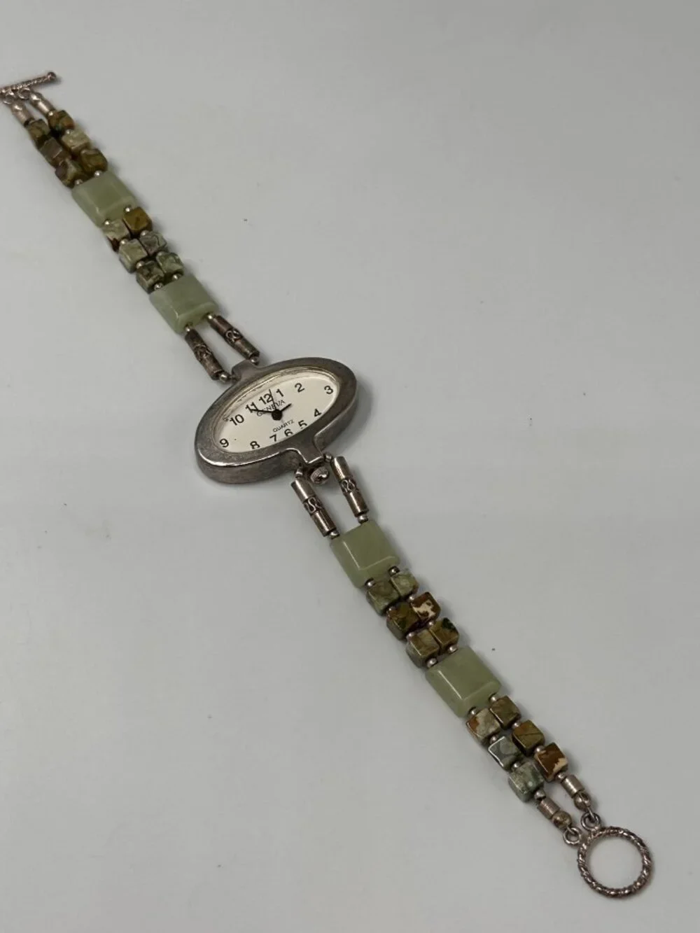 Geneva Watch Women Silver Tone Unakite Beaded Band Sterling Clasp New Battery